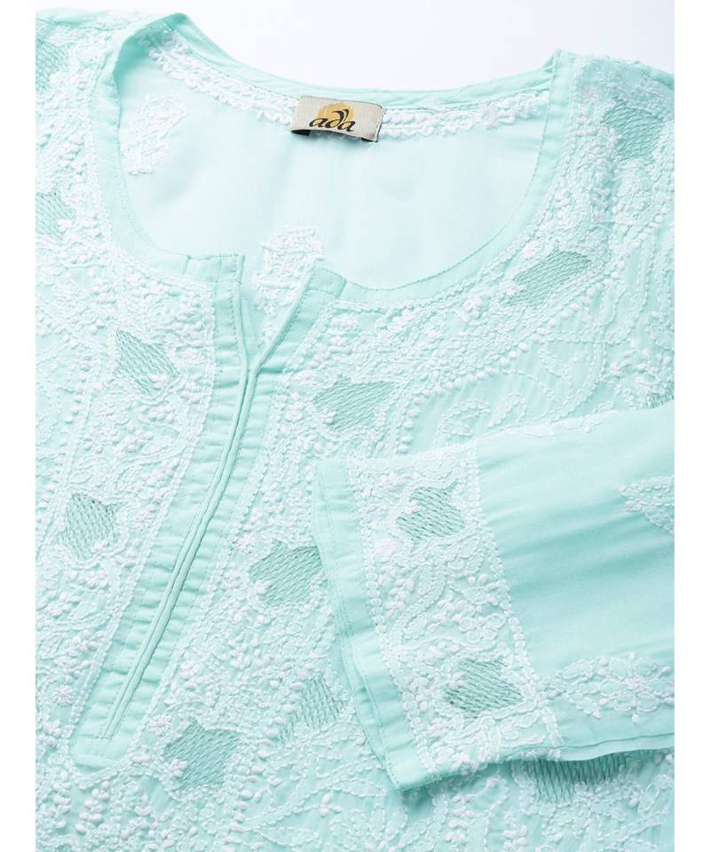 Ada Hand Embroidered Sea Green Cotton Lucknow Chikankari Women Kurta - A100122