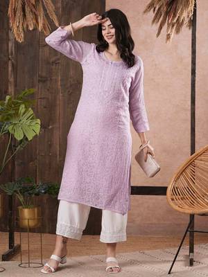 Hand Embroidered Mauve Kota Lucknow Chikankari Women Kurta With Slip 1