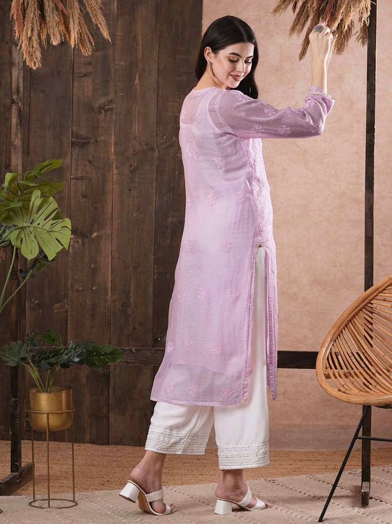 Hand Embroidered Mauve Kota Lucknow Chikankari Women Kurta With Slip