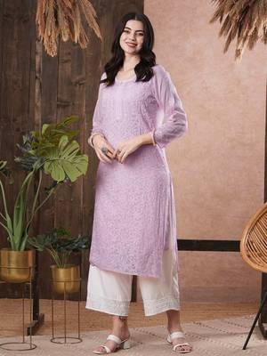 Hand Embroidered Mauve Kota Lucknow Chikankari Women Kurta With Slip 3