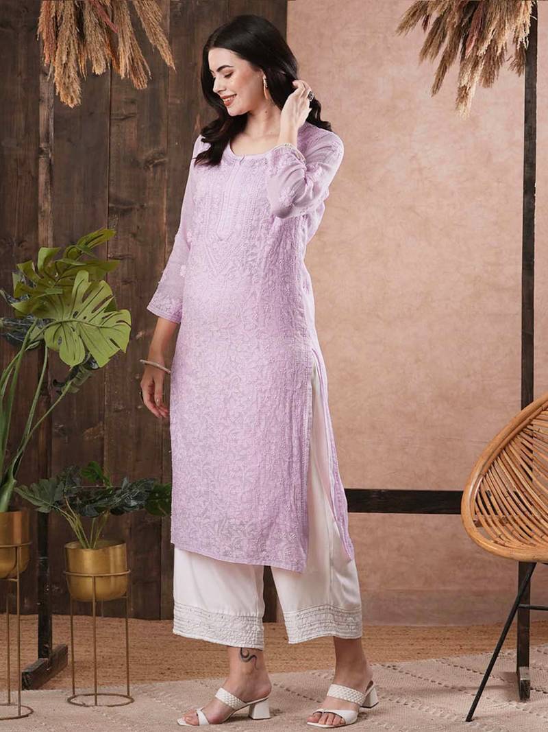 Hand Embroidered Mauve Kota Lucknow Chikankari Women Kurta With Slip