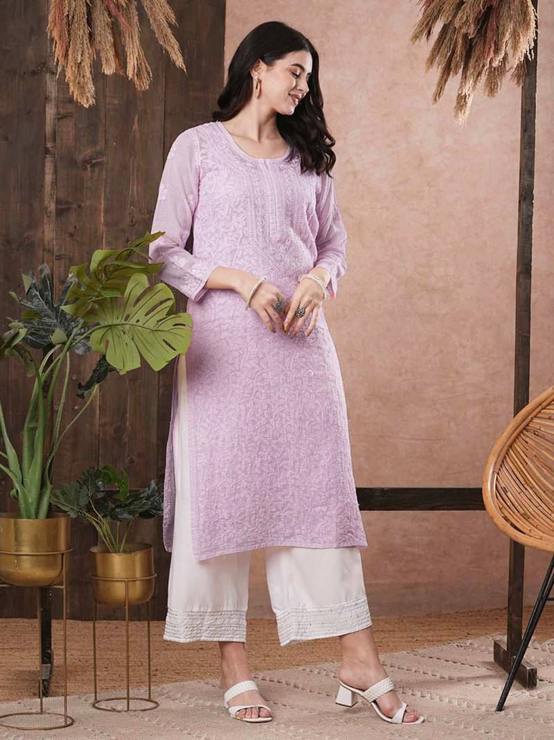 Hand Embroidered Mauve Kota Lucknow Chikankari Women Kurta With Slip