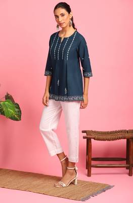 Navy blue embroidered cotton tunics 2
