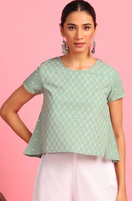 Green embroidered cotton party tops 1
