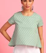 Green embroidered cotton party tops