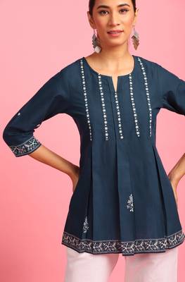 Navy blue embroidered cotton tunics 5
