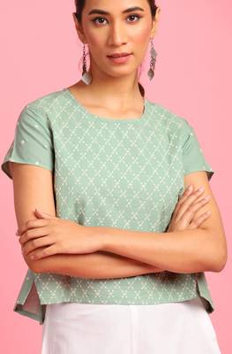 Green embroidered cotton party tops 5