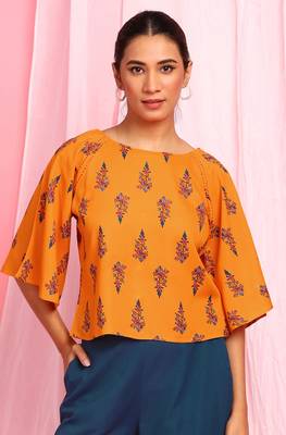 Janasya Mustard printed viscose rayon party tops 1