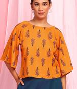 Janasya Mustard printed viscose rayon party tops