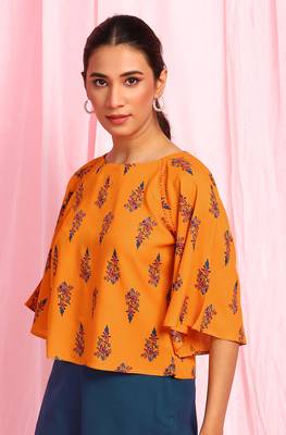 Janasya Mustard printed viscose rayon party tops 2