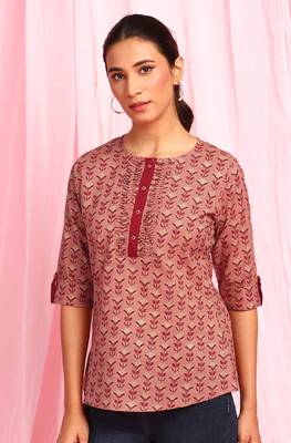 Janasya Peach printed cotton party tops 1