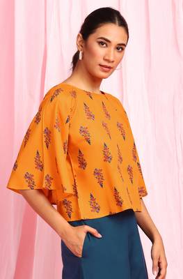Janasya Mustard printed viscose rayon party tops 3