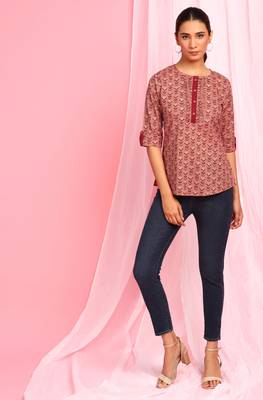 Janasya Peach printed cotton party tops 2