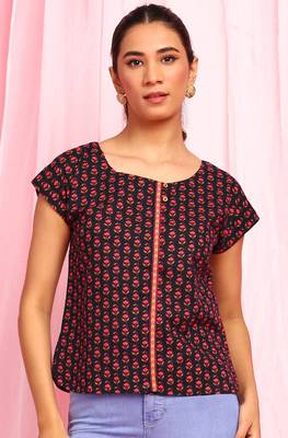 Janasya Black printed cotton party tops 1
