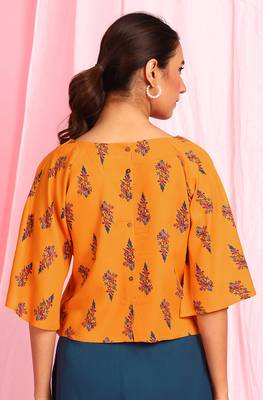 Janasya Mustard printed viscose rayon party tops 4