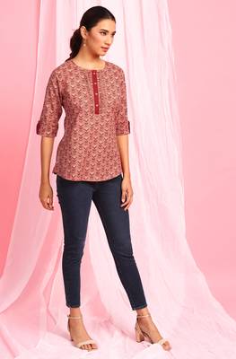 Janasya Peach printed cotton party tops 3