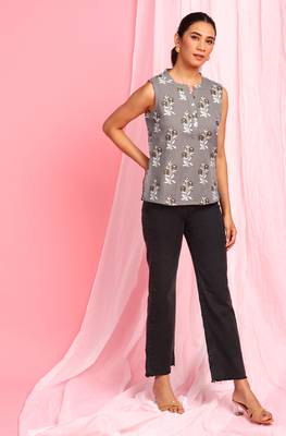 Janasya Grey printed cotton party tops 2