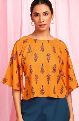 Janasya Mustard printed viscose rayon party tops 5