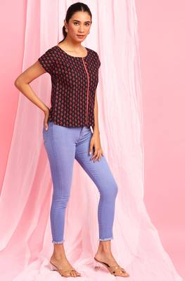 Janasya Black printed cotton party tops 3