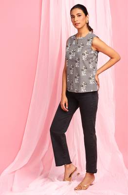 Janasya Grey printed cotton party tops 3