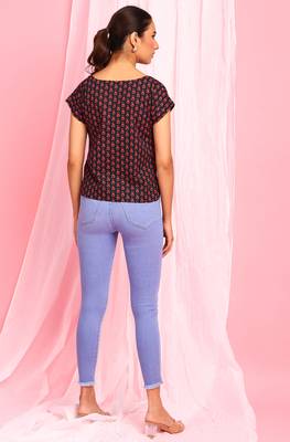 Janasya Black printed cotton party tops 4