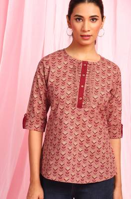 Janasya Peach printed cotton party tops 5