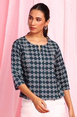 Janasya Blue printed cotton party tops 1