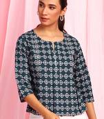 Janasya Blue printed cotton party tops
