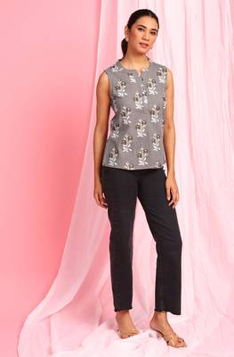 Janasya Grey printed cotton party tops 4