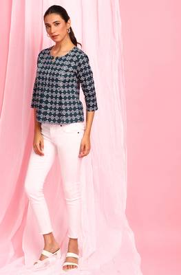 Janasya Blue printed cotton party tops 2