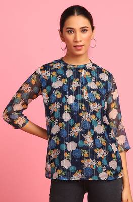Navy blue printed georgette party tops 1