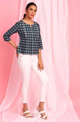 Janasya Blue printed cotton party tops 3