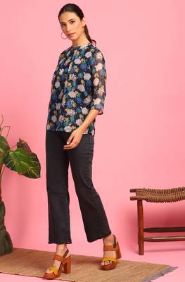 Navy blue printed georgette party tops 2