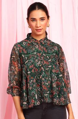 Green printed georgette party tops 1