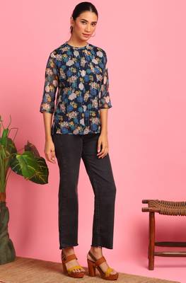 Navy blue printed georgette party tops 3