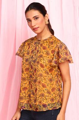 Mustard printed georgette party tops 1