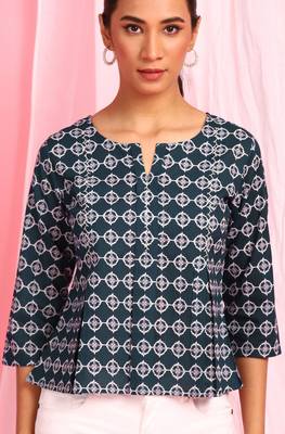 Janasya Blue printed cotton party tops 5