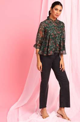 Green printed georgette party tops 3