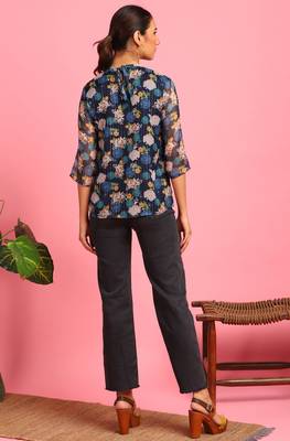 Navy blue printed georgette party tops 4