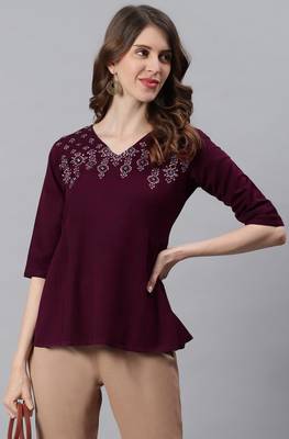 Janasya Burgundy embroidered cotton party tops 2