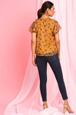 Mustard printed georgette party tops 4