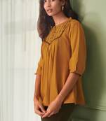 Mustard embroidered cotton party-tops