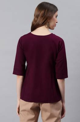 Janasya Burgundy embroidered cotton party tops 4