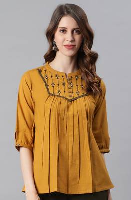 Mustard embroidered cotton party-tops 2