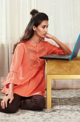 Janasya Peach embroidered cotton party tops 1