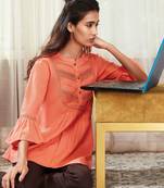 Janasya Peach embroidered cotton party tops