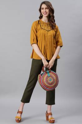 Mustard embroidered cotton party-tops 3