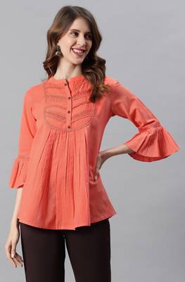 Janasya Peach embroidered cotton party tops 2