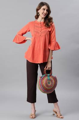 Janasya Peach embroidered cotton party tops 3