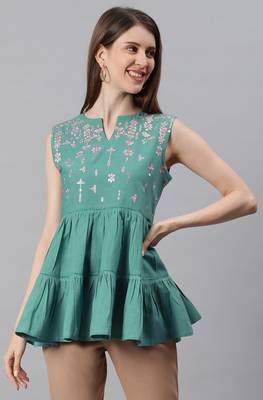 Green embroidered cotton party tops 2